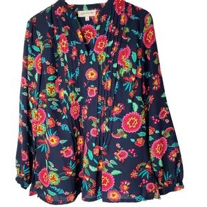 Jones New York Floral Smocked Boho Long Sleeve Blouse Tunic Large